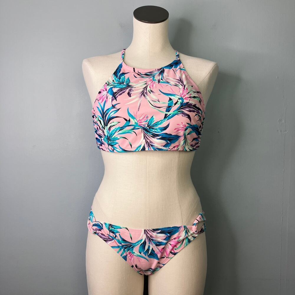 Hot Water Pink Tropical Floral High Neck Halter Tie Bikini 2 Piece Set Size L